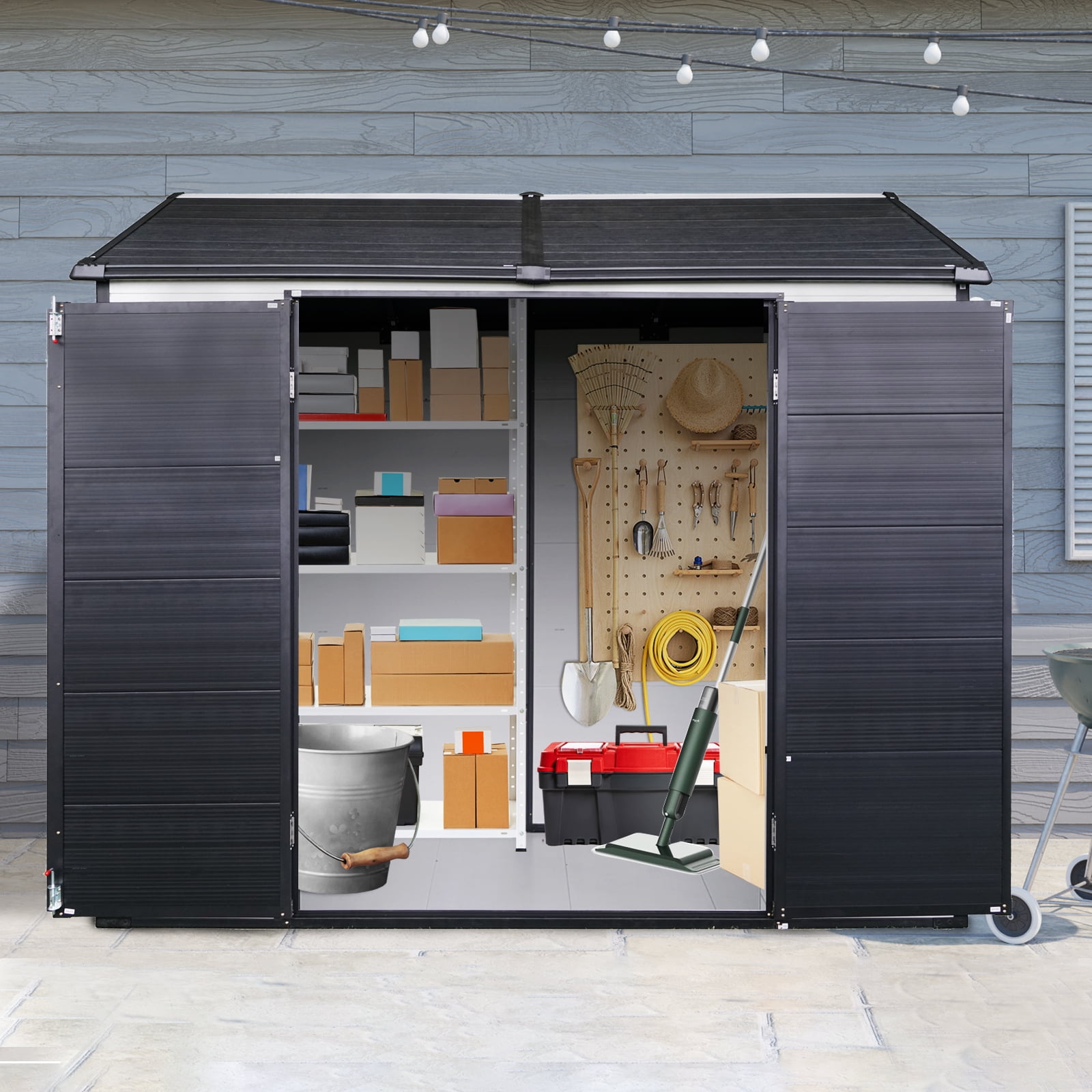 IMagacFun 8x6 Resin Outdoor Storage Shed Heavy Duty Waterproof Shed Plastic Shed with Floor,2 Windows and Lockable Doors for Garden Patio Backyard Grey White