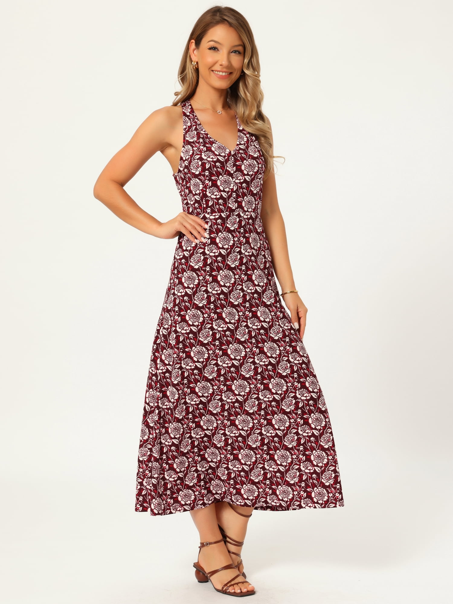 DARING DIVA Women's Halter Sleeveless A-line Maxi Floral Print Casual Sundress XL Red Wine