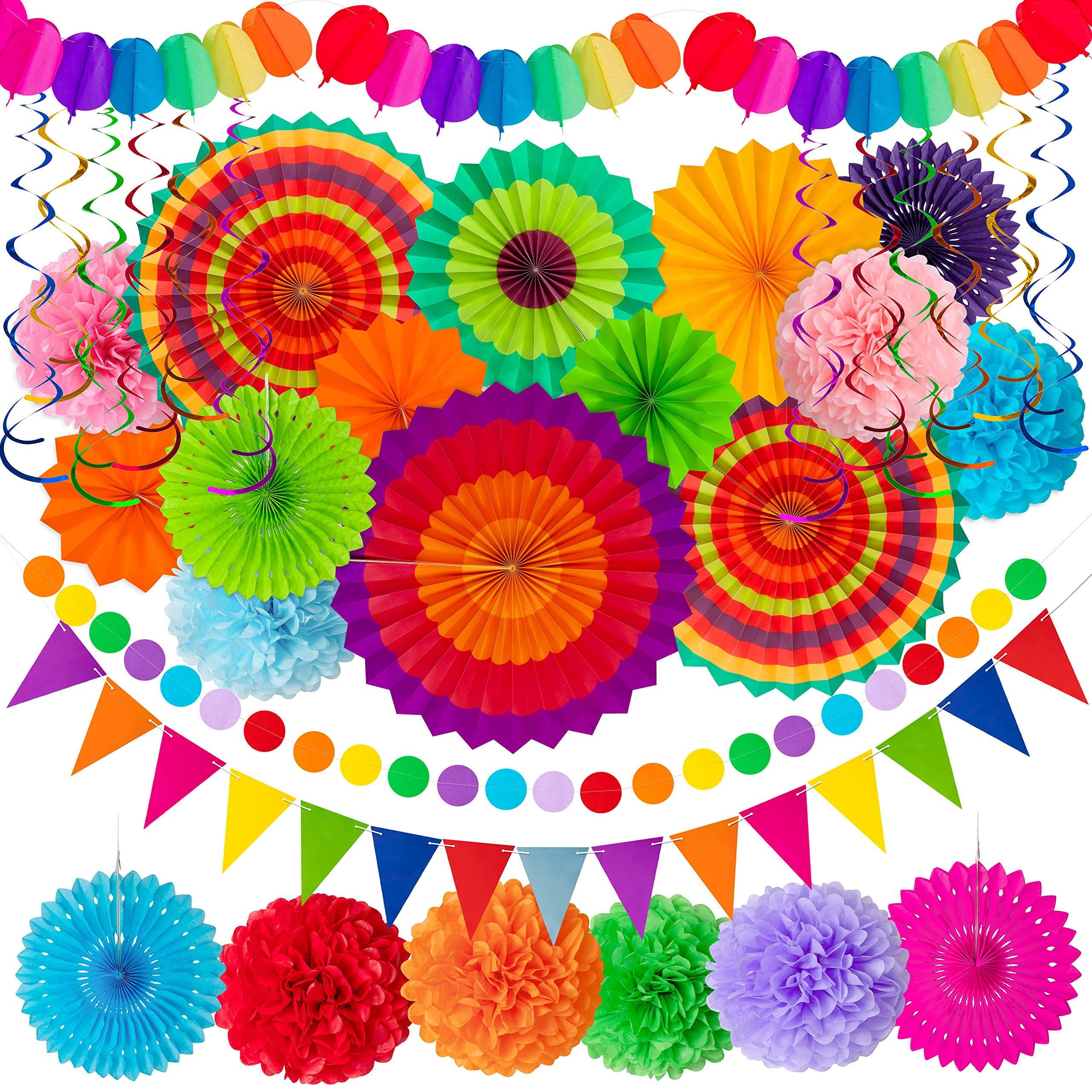 Fiesta or Mexican Party Auihiay 20 Pieces Fiesta Party Decoration Include Paper Fans Tissue Paper Pom Poms Circle Dot Garland and Tissue Paper Tassel for Birthday Parties Wedding Décor 