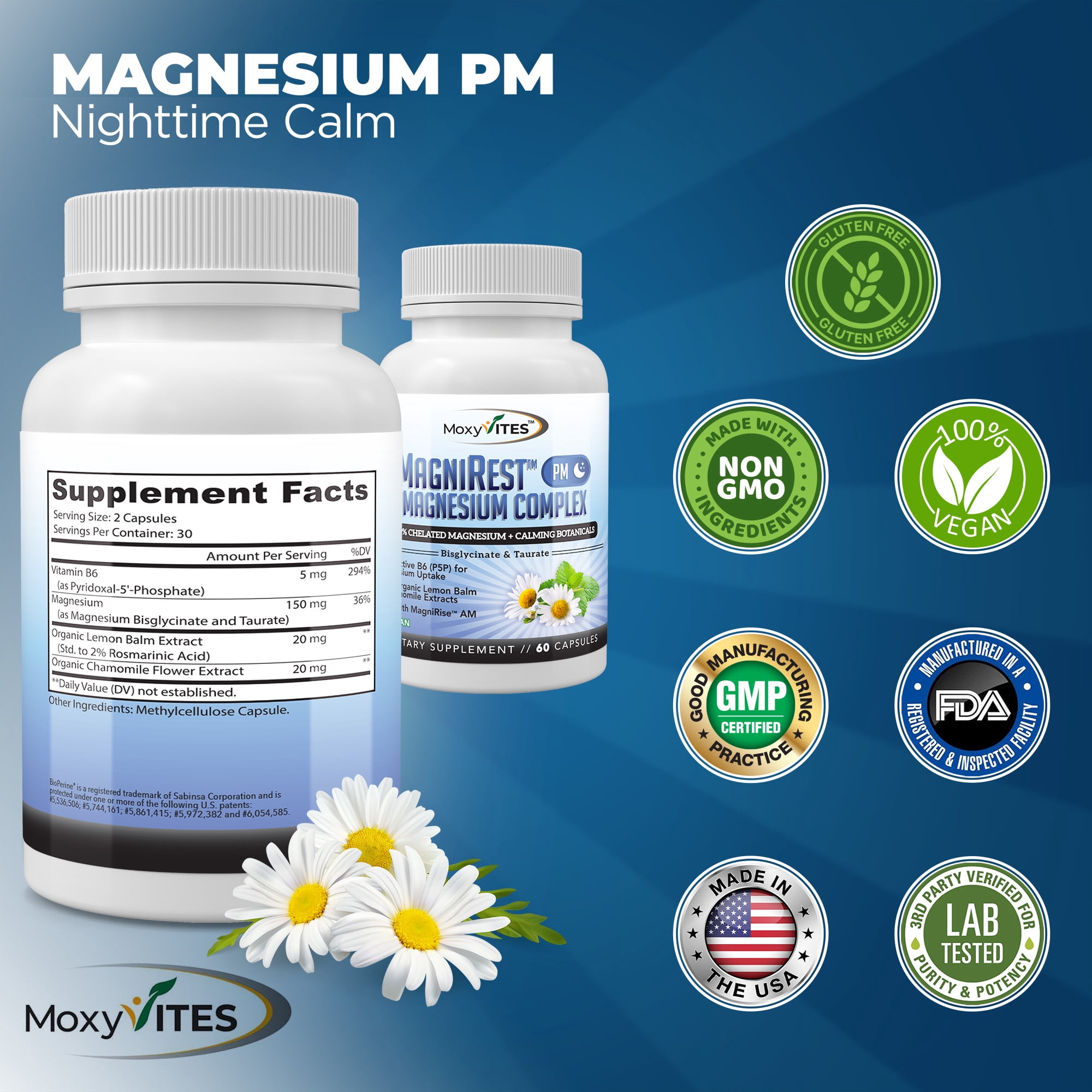 MoxyVites MagniRest Magnesium Bisglycinate Taurate with Vit B6, Sleep Aid, Anxiety Relief, Gluten-Free, Vegan, 60 Count