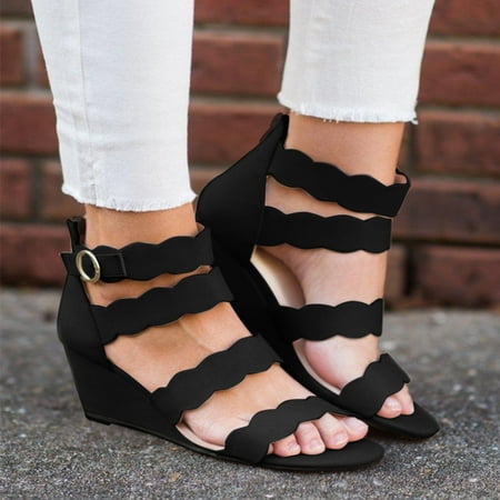 

Cathalem Fall Sandals for Women Fashion Back Sandals Ladies Platform Leather Wedge Print Zip Leopard Womens Dressy Sandals Size 8 Black 7.5