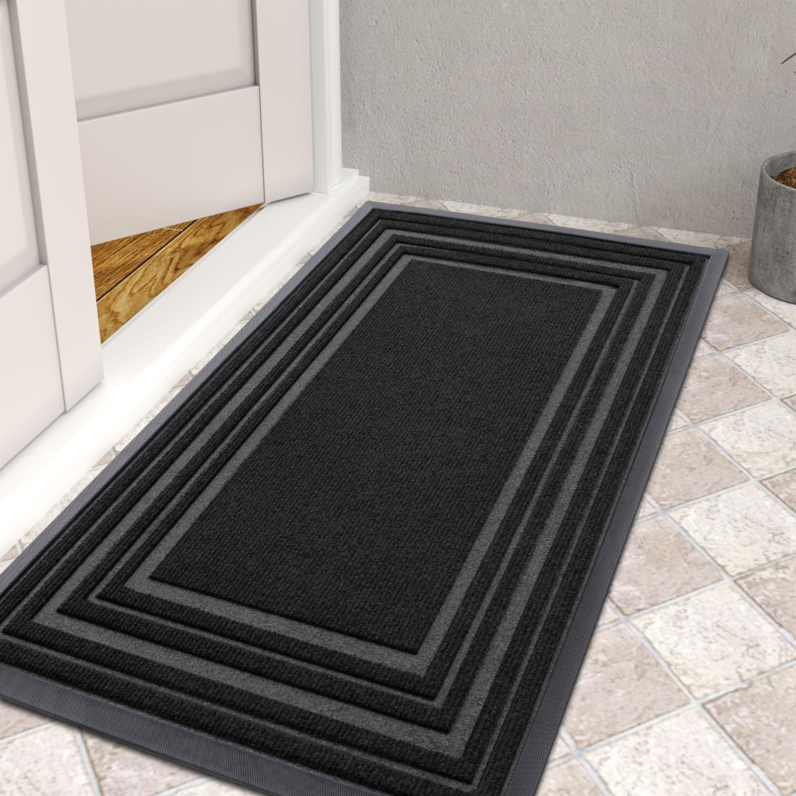Buganda Heavy Duty Door Mats, Non Slip Waterproof Rubber Doormats for Outdoor and Indoor, Low Profile Dirt Trapper Entry Rugs, 29"x17", Black