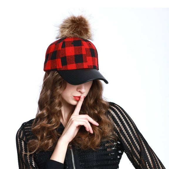 Women Buffalo Plaid Wool Blend Baseball Cap with Faux Fur Pompom