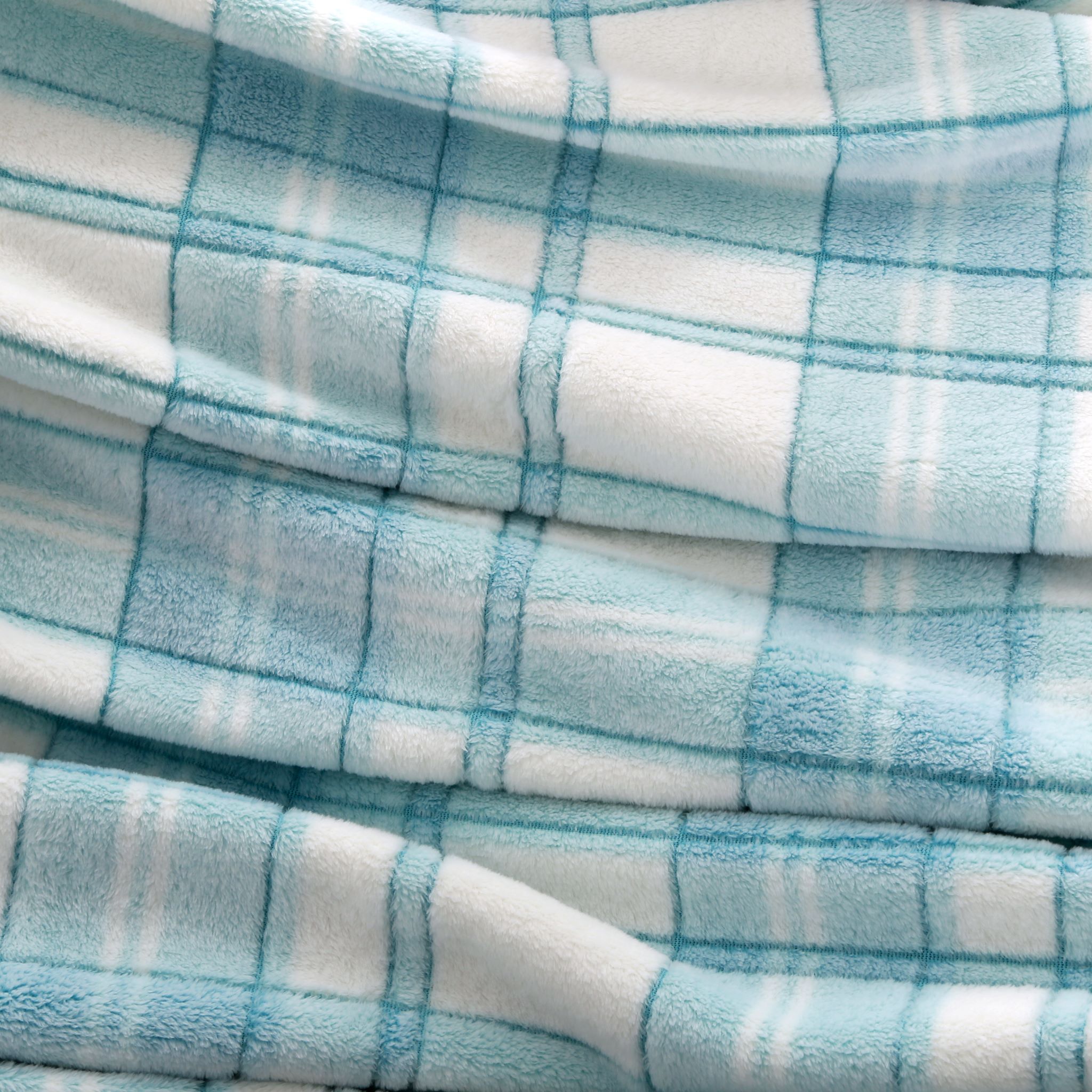 Mainstays Plush Throws, 50" x 60", Aqua Plaid machine wash in cold water and tumble dry on low.