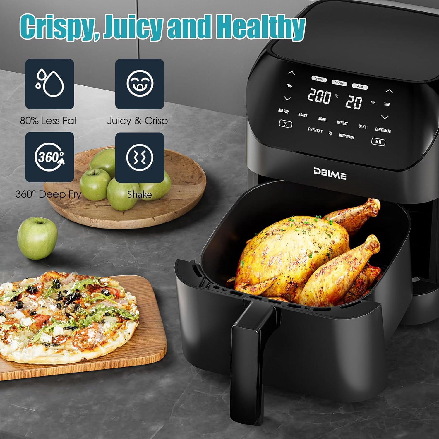 Air Fryer 6.2 QT Large Capacity Oilless Hot Air Fryers Oven 1500W Healthy Cooker with 8 Presets, Digital LCD Touch Screen, Visual Cooking Window, Non-Stick Basket, Included Recipe