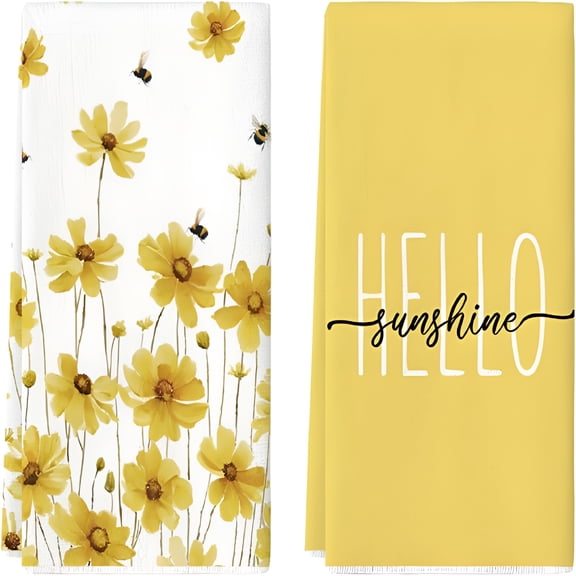 ARLAJO Yellow Flowers Bee Hello Sunshine Spring Kitchen Towels Dish Towels,18X26 Inch Summer Holiday Decoration Hand Towels Set of 2