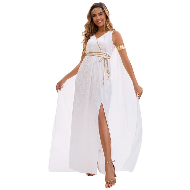 toga style evening dresses Yizyif Womens Halloween Toga Dress Ancient Greece Roman Queen Dress Up Chiffon Gold Trims Long Dress Lavender 3XL, Women's, Blue