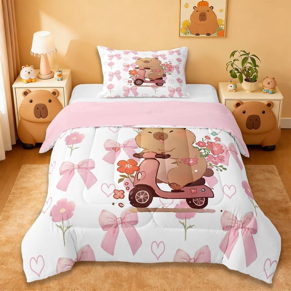 Erosebridal Brown Cartoon Capybaras Twin Comforter Sets,Funny Mouse Rodent Animal Bedding Set For Kids ,Reversible Pink 2 Pieces