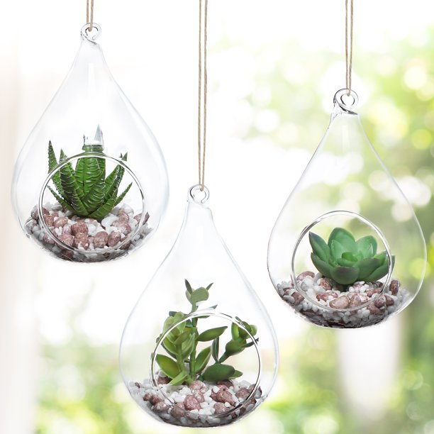 Set of 3 Teardrop Design Hanging Glass Faux Succulent Container Vases / Artificial Plant