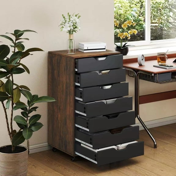Auranook 7-Drawer Chest Mobile File Cabinet Vertical Filing Organizer w/ Lockable Wheels