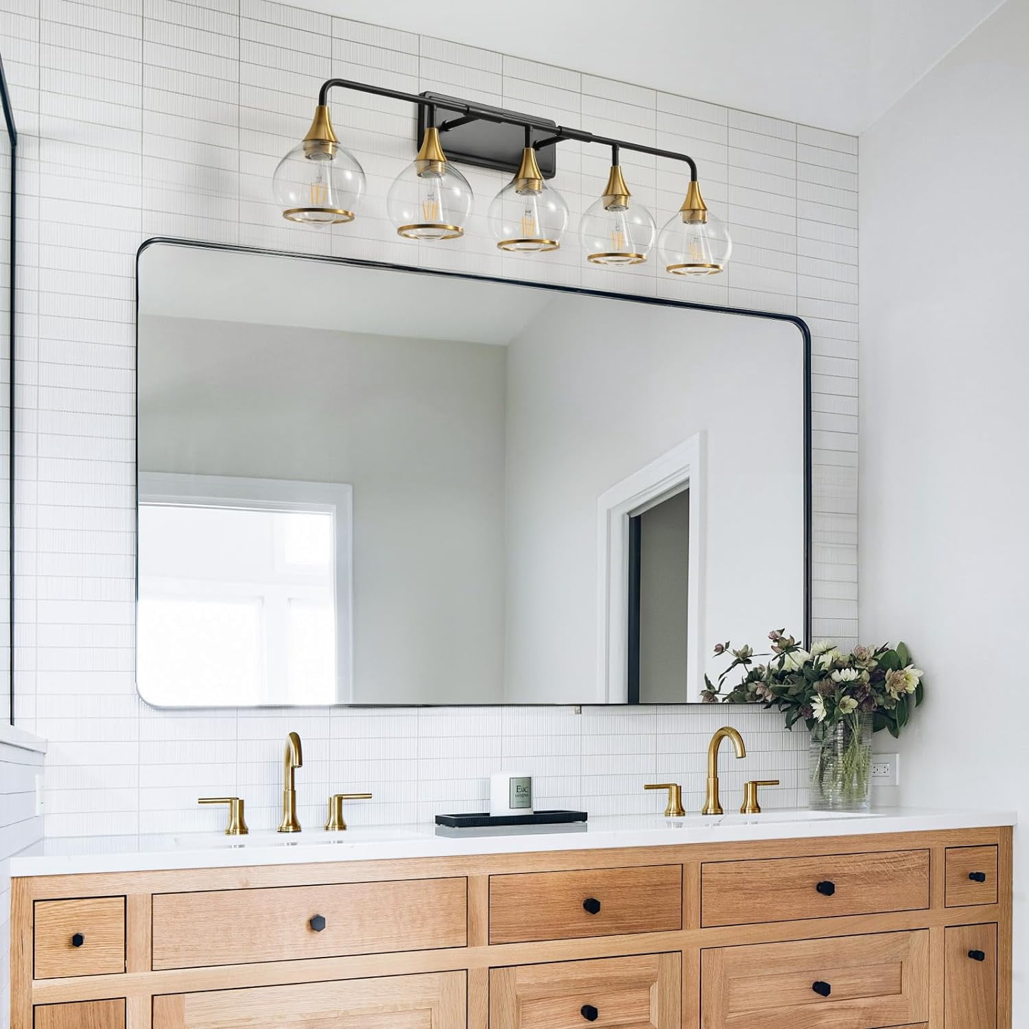 5-Lights Bathroom Light Fixtures Black and Gold Bathroom Vanity Light Over Mirror with Clear Glass Shade Wall Sconce Lighting