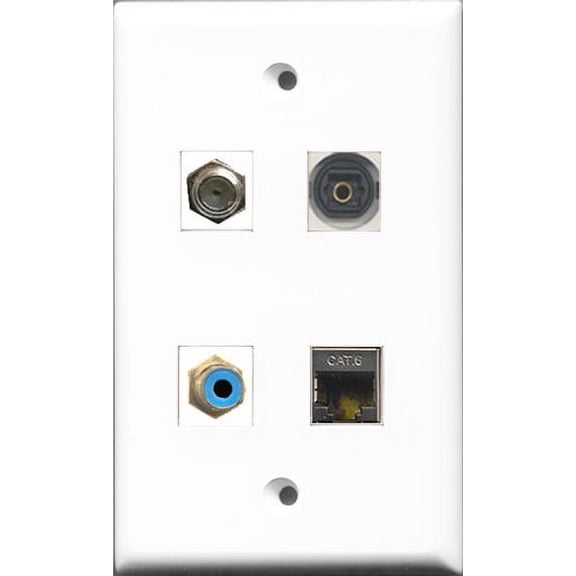 RiteAV 1 Port RCA Blue and 1 Port Coax Cable TV- F-Type and 1 Port Shielded Cat6 Ethernet and 1 Port Toslink Wall Plate