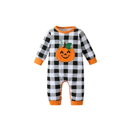 

ZIYIXIN Newborn Baby Girl Boy Halloween Outfits Pumpkin Long Sleeve Romper Bodysuit Plaids Jumpsuit Clothes Orange 0-3 Months
