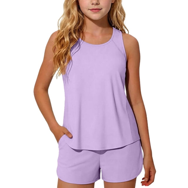 Swimsuit for Girls, 2-Piece Tankini Set With Solid Color Split Design for Beach Summer