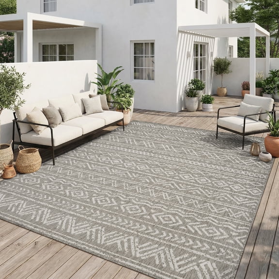 SIXHOME Outdoor Rugs 8'x10' Patio Porch, Bohemian Geometry Indoor Outdoor Rug, Balcony RV Garden Carpet Gray