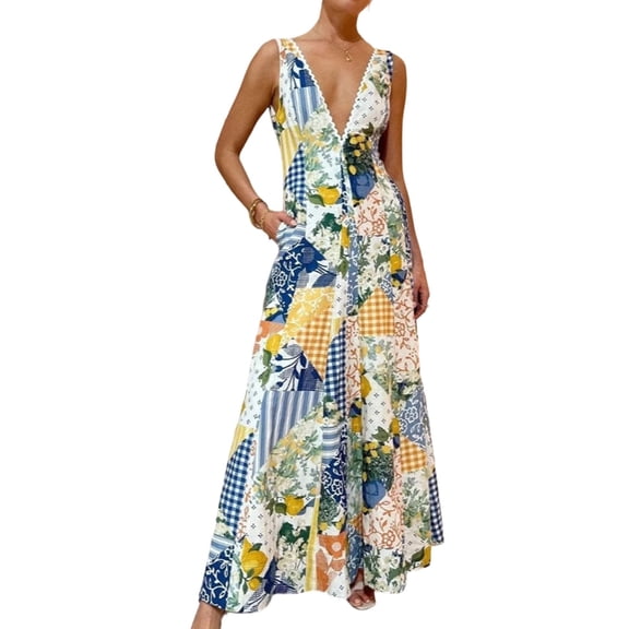 Livrdiou Women's Summer Maxi Dress V Neck Sleeveless Floral Dresses for Women Flowy Boho Beach Vacation Sundress