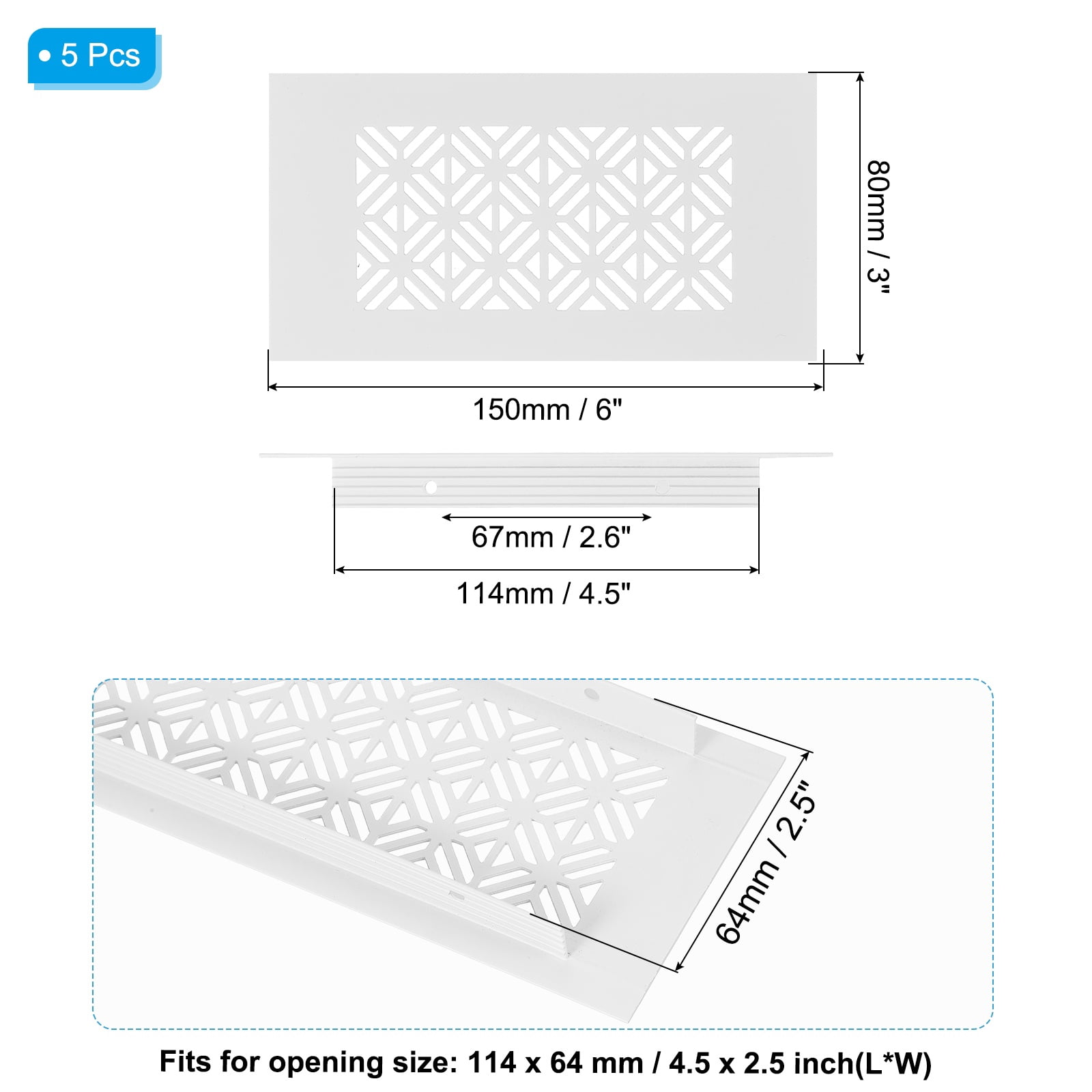 Uxcell 5 Set 6 x 3 Inch Door Air Vent Cover, Heavy Duty Aluminum Grille Ventilation Cover Louvered with Mounting Screws for Cabinet Wardrobe Door, White
