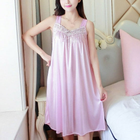 Women's Sling Pajamas Suit Summer Elegant Solid V Neck Casual Sleeveless Satin Sleepwear Dress Home Wear Nightdress Pink Free Size