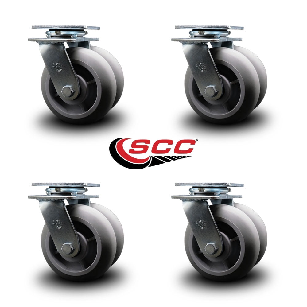 6 Inch Dual Thermoplastic Rubber Wheels Swivel Caster Set with Roller Bearings