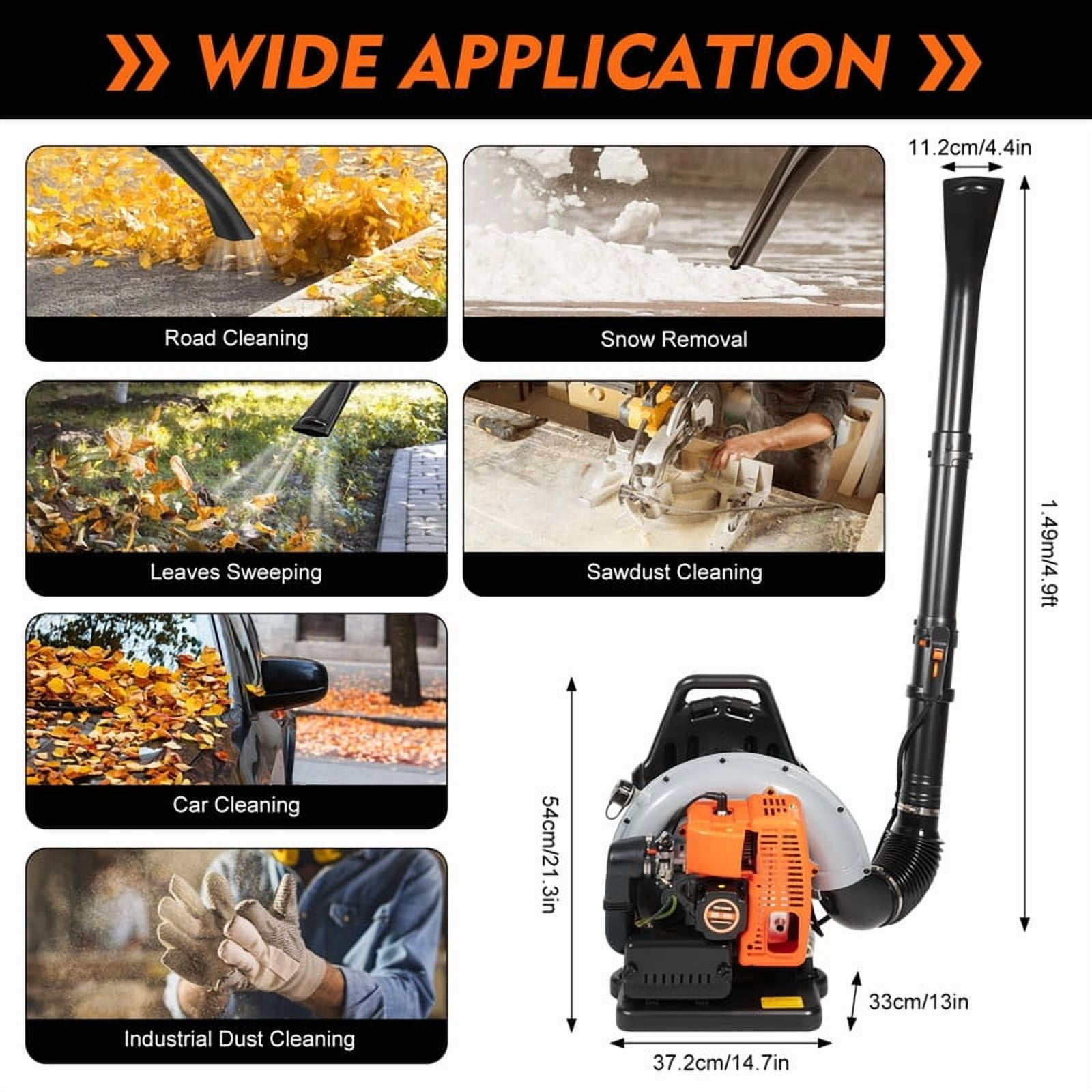 Backpack Leaf Blower, 63CC 2 Stroke Leaf Blower with Fuel Tank, 665 CFM Air Volume 205 MPH Speed, Ideal for Lawn Care, Leaf Cleaning, and Snow Removal