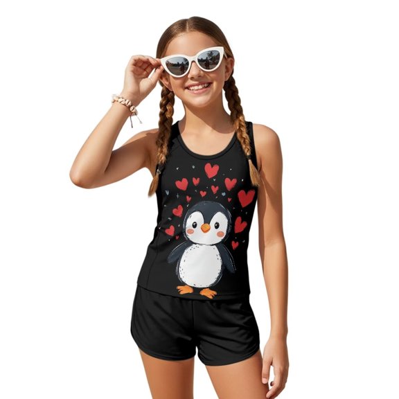 POLERO Girls Two Piece Tankini Set with Shorts Boyshort Cartoon Penguin Heart Print Breathable Sleeveless Top Summer Swimwear