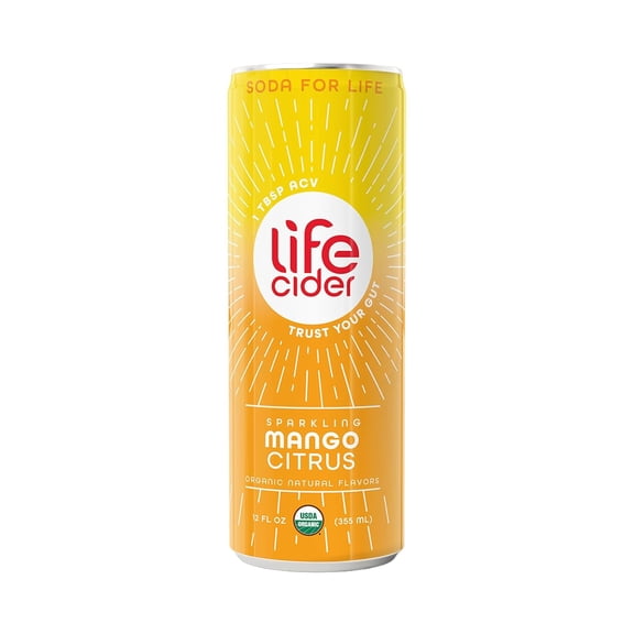 Life Cider Sparkling Apple Cider Vinegar Healthy Soda, Mango Citrus, Gut Balance, 12 fl oz Aluminum Can