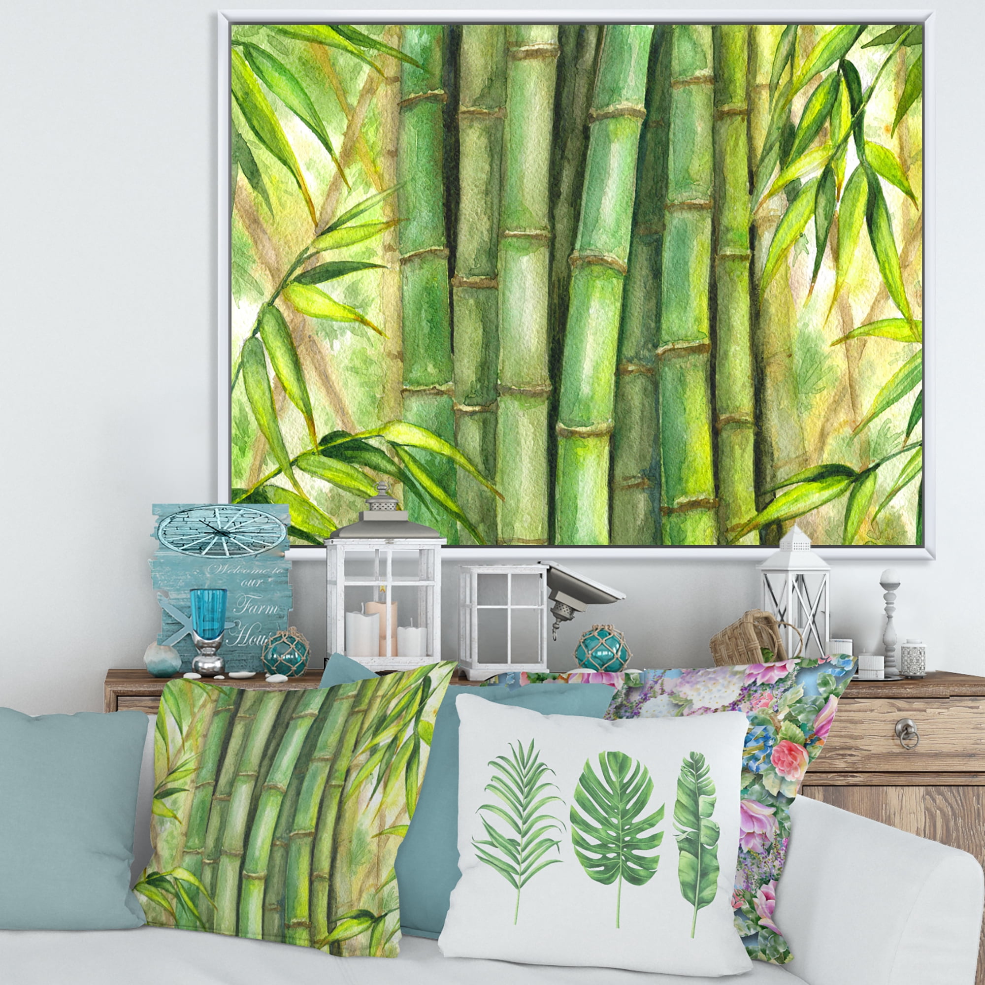 Designart 'Bright and Green Bamboo Stems' Transitional Framed Canvas Wall Art Print