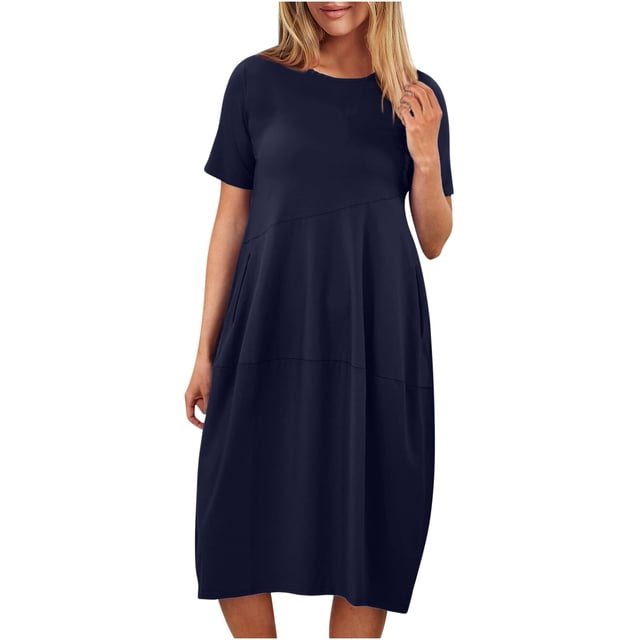 Penkiiy Robe Midi d'Été pour Femmes Décontractée Ample Col Rond Manches Courtes T-Shirt Robe d'Été avec Poches 2TG Marine