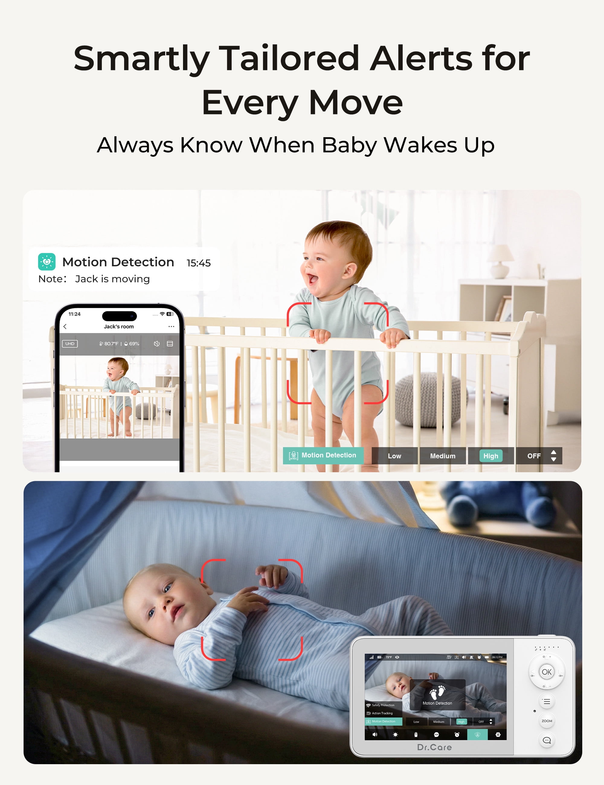 Dr.Care VistaView Lite RB WiFi Baby Monitor – 4" Split Screen, 1080P Camera, App Control, Motion Alerts, Removable Battery