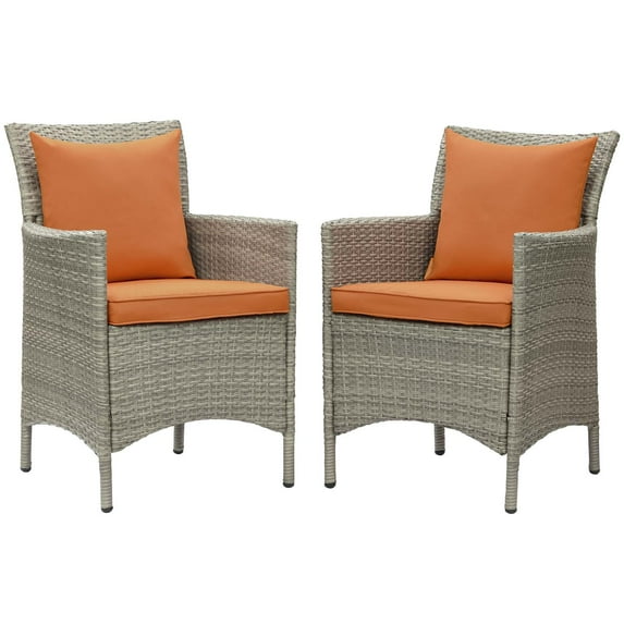 Side Dining Chair Armchair, Set of 2, Rattan, Wicker, Light Grey Gray Orange, Modern Contemporary Urban Design, Outdoor Patio Balcony Cafe Bistro Garden Furniture Hotel Hospitality