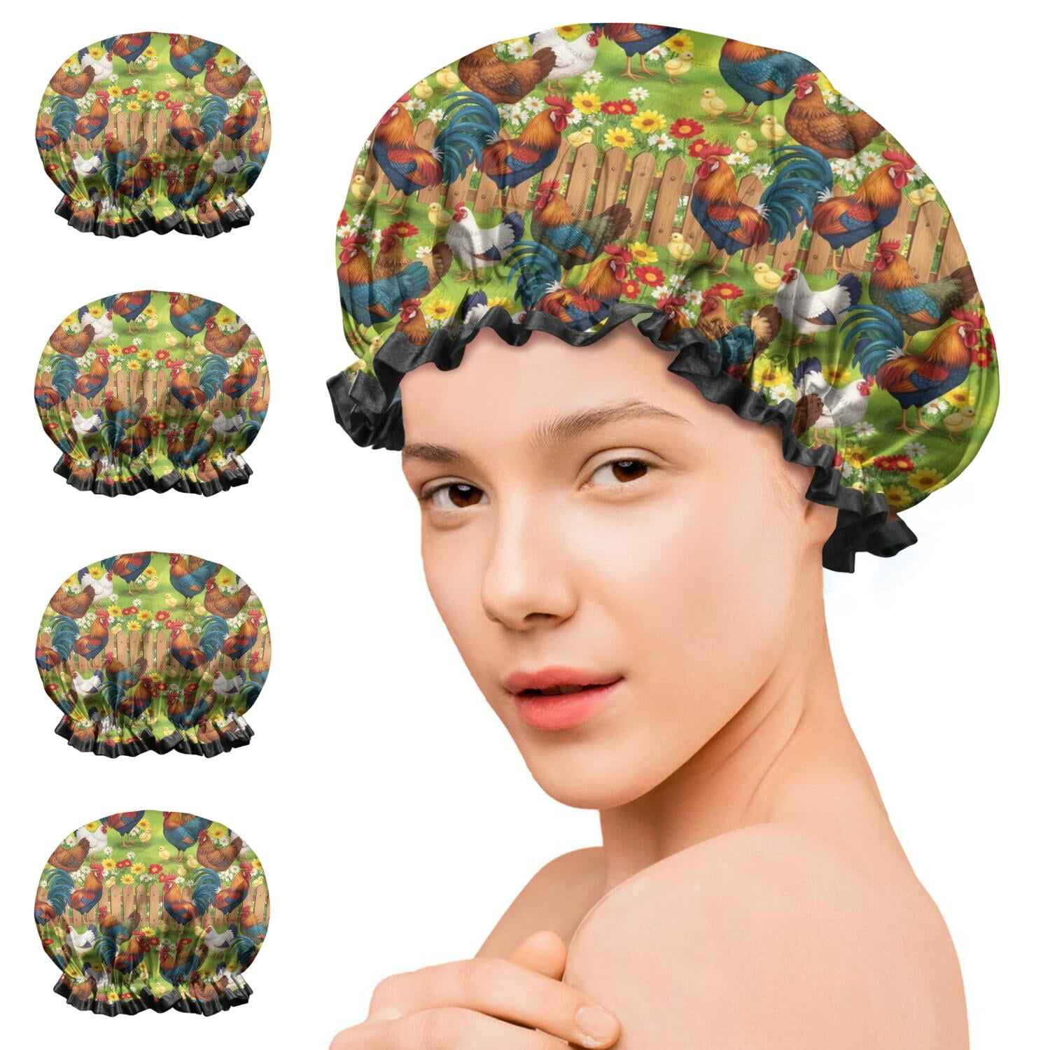 Shower Caps,Green Chicken Farm Pattern Waterproof Shower Cap for Women 4 Pieces,Double Reusable Hair Cover for Shower PEVA Elastic Stretch Hem