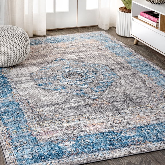 JONATHAN Y 5 x 8 Area Rug, Anatolia Vintage Medallion - Peacock Blue/Gray, RES109A-5