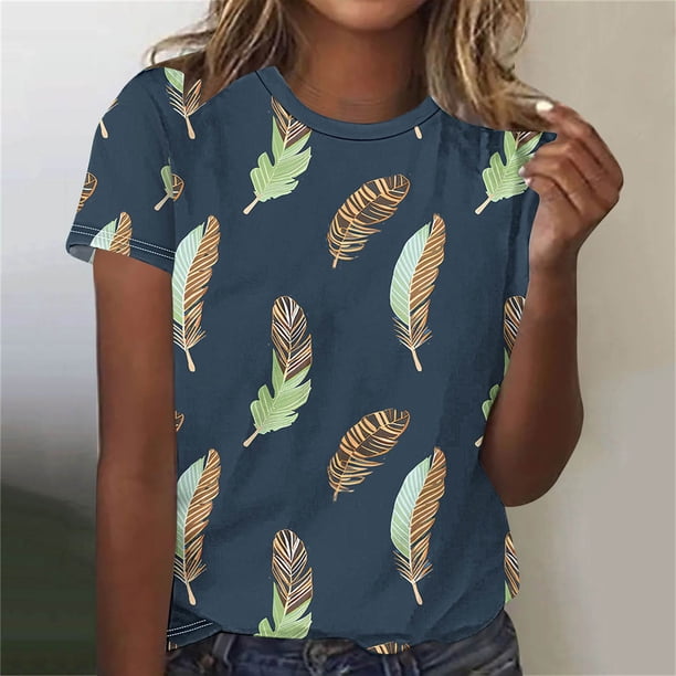 Fiudx Ofertas de La Semana Top de Cuello Redondo de Manga Corta Estampado Casual de Moda de Verano para Mujer