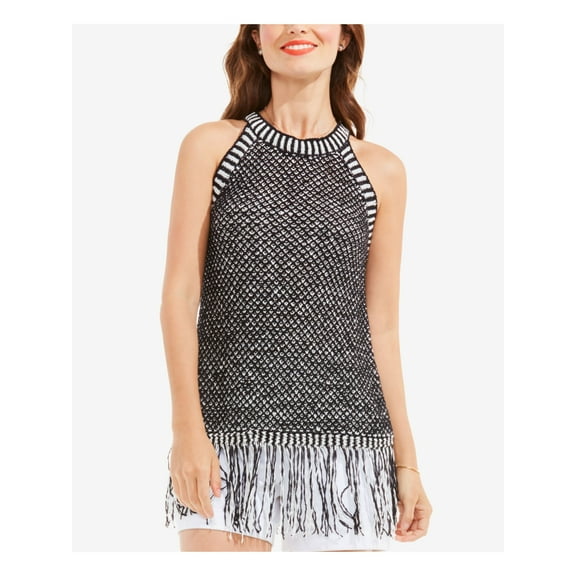 Vince Camuto Womens Fringe Trim Pullover Sweater, Black, X-Large