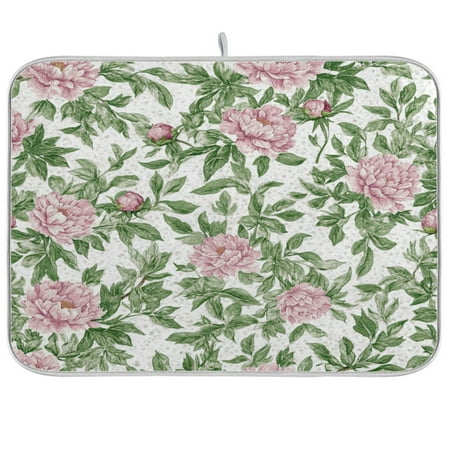 

WOBOGO Pink Peonies Pattern Kitchen Drying Mat Heat Resistant Drainage with Non-Slip Rubber Backing Hides Stains Super Absorbent Easy to Clean 18×24in
