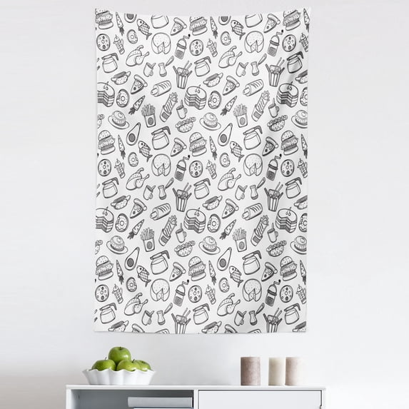 French Cafe Tapestry, Monochrome Style Pattern of Repetitive Cook Fast Food Outline Symbols, Fabric Wall Hanging Decor for Bedroom Living Room Dorm, 5 Sizes, Charcoal Grey White, by Ambesonne