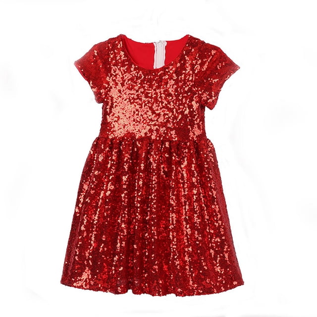 vigerkar Robe à Paillettes pour Filles, Scintillante, Chic, Manches Courtes Bouffantes, Dégradé, Robe de Fête (Rouge, 7-8 Ans)