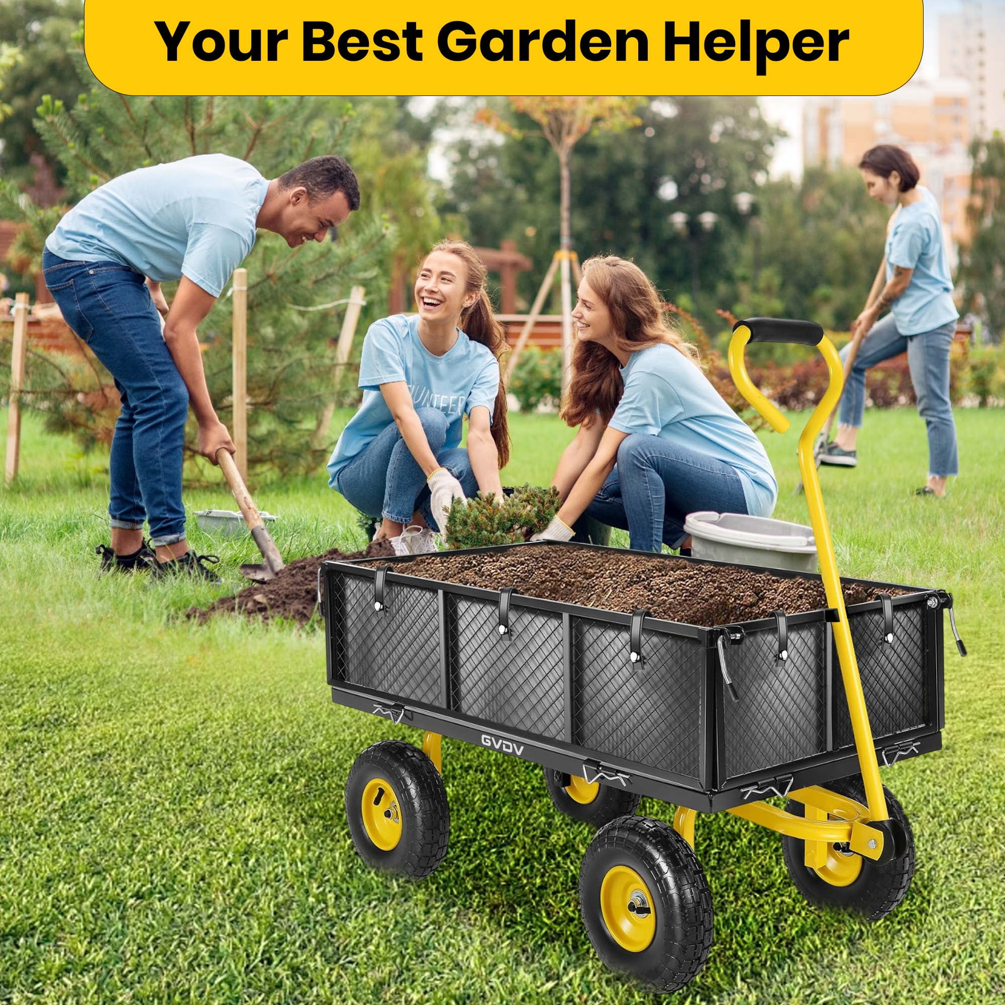 GVDV Heavy Duty Steel Garden Cart with Liner, 40" x 20", 660lbs Capacity, 10" Wheel, Utility Cart for Yard Work Hauling and Outdoor Use, Black/Yellow