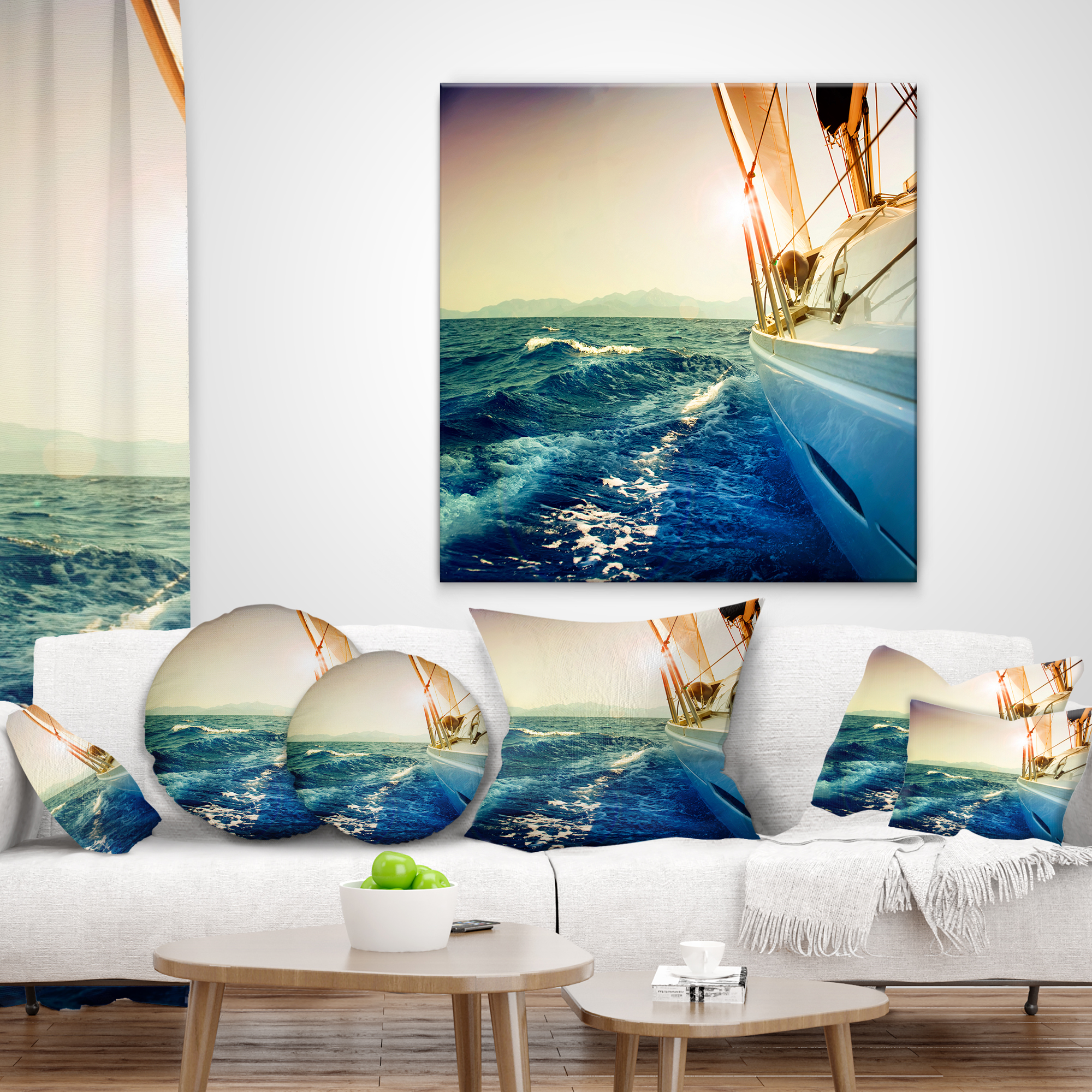 Designart Sepia toned Yacht Sailing in Sea - Seashore Throw Pillow - 12x20