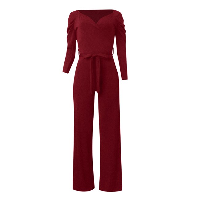 Gibobby Trajes de Entrenamiento para Mujer Mono ajustado con cuello en V de Color sólido y manga larga a la y americana para mujer(Rojo,M)