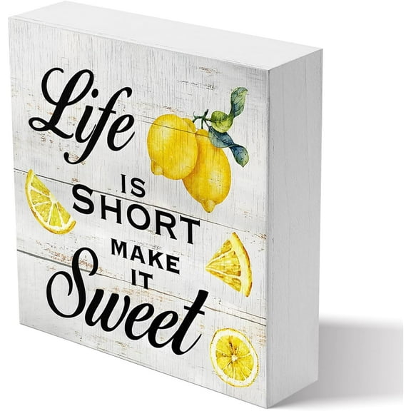 Zomyto 5x5 Inches Inspirational Quote Life Is Short Make It Sweet Wood Box Sign Rustic Lemon Print Wooden Box Sign Lemon Summer Farmhouse Decor Decorations