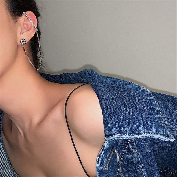HomeKingdee Women's Rotating Water Drop Pear-shaped Earrings - Diamond-Accented Asymmetric Ear Cuff with Chain for Various Occasions