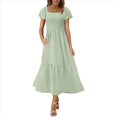 thumbnail image 2 of Vestido Veraniego Midi Bohemio de Corte A con Escote Cuadrado y Mangas Abullonadas para Mujer, con Bolsillos, Color Verde M, 2 of 8
