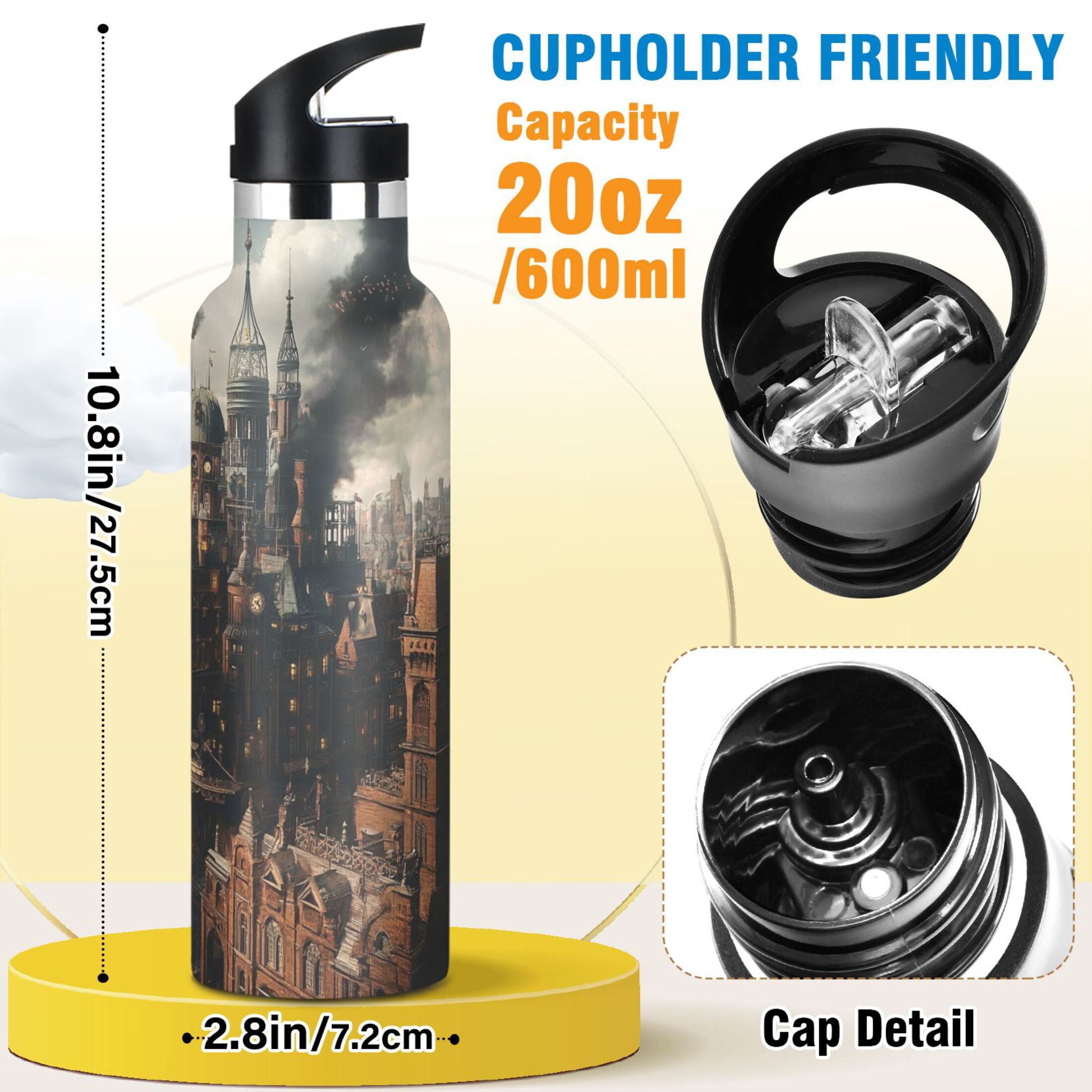 600ML Stainless Steel Insulated Cup Sports Water Bottle Portable Thermos Cup Water Glasses Insulated Tumblers Convenient and Durable Steampunk Airship