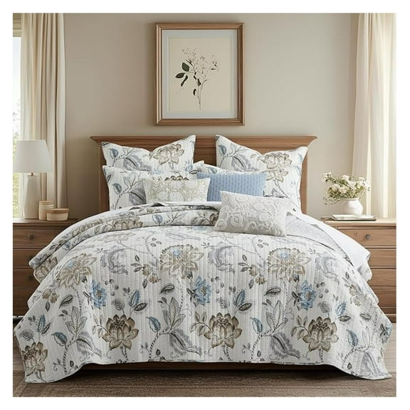 Maileen Neutral Blue Quilt Set - Full/Queen Floral Quilt & Shams - Taupe Blue/Cream - Reversible Cotton Bedspread Full/Queen Quilt Natural Blue