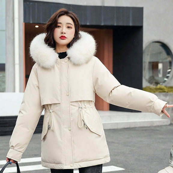 Qetyuw Winter Parka Jacket for Women Thicken Velvet Warm Open Front Faux Fur Hood Coat Zip Up Long Sleeve Chunky Jackets