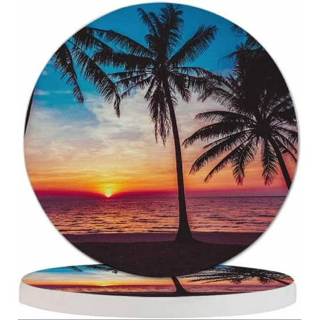 

Tropical Beach Cup Coasters for Table Beautiful Sunset Coast Seascape Sunrise Dusk Scenery Reusable Drink Coasters Set 2 Pcs Coffee Home Farmhouse Living Room Bar Decor for Men Women