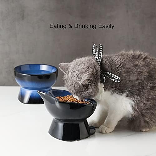 Elevated Cat/Dog Bowls Set : 5 Inch Ceramic Raised Cat Food and Water Bowl Set for Protecting Pet's Spine - Feeding & Watering Supplies for Pets- Elegant Blue & Black (2PC)