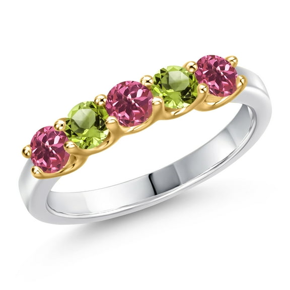 Gem Stone King 10K Two Tone Gold Pink Tourmaline and Green Peridot Wedding-Bands Ring for Women | 0.86 Cttw | Round 3.5MM | Gemstone October Birthstone | Size 5