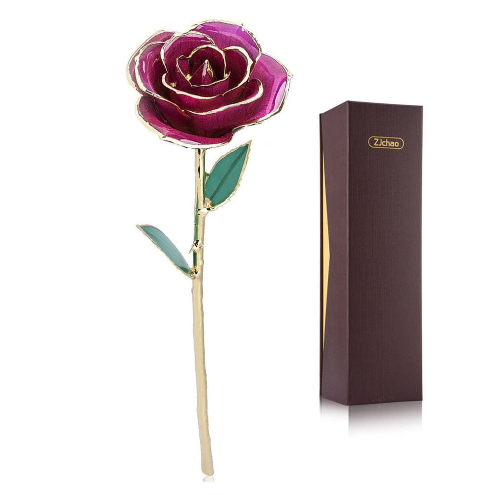 Love Forever Long Stem Dipped 24k Gold Foil Trim Decorative Rose Gift Purple【US】